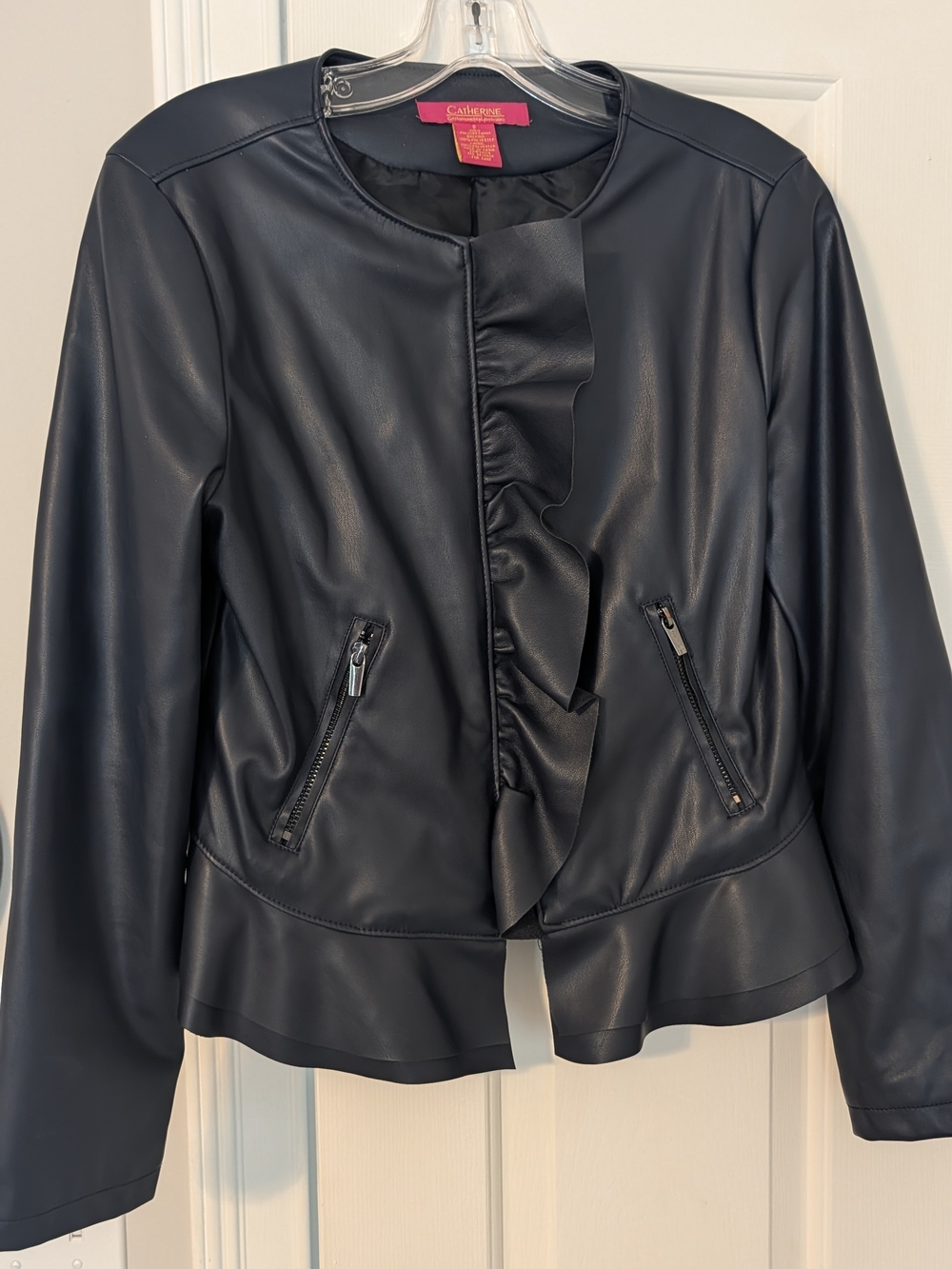 Catherines Navy Faux Leather Ruffle Zip-Front Jacket